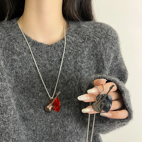Collier Pendentif Médiator Guitare Coeur Alliage Acrylique Longue Chaîne Pull Style Hip Hop Bijoux Musique Pour Femme