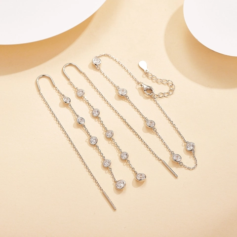 Gioielli Argento Sterling 925 Zircone Rotondo Minimalista Orecchini Nappe Lunghe Bracciale Cavigliera Collana Donna