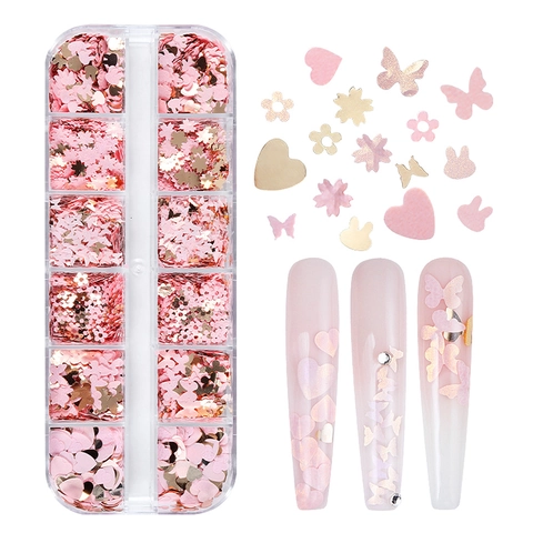 Pink Gold Nail Art Sequins Schmetterling Herz Blume Hase Formen PET Glitzer Für Maniküre DIY Dekoration