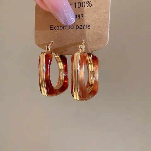 Vintage Geometrische U-Vorm Hoop Oorbellen Met Amber Hars En Koper 18K Goud Plating Zilveren Oorbel Post Stijl