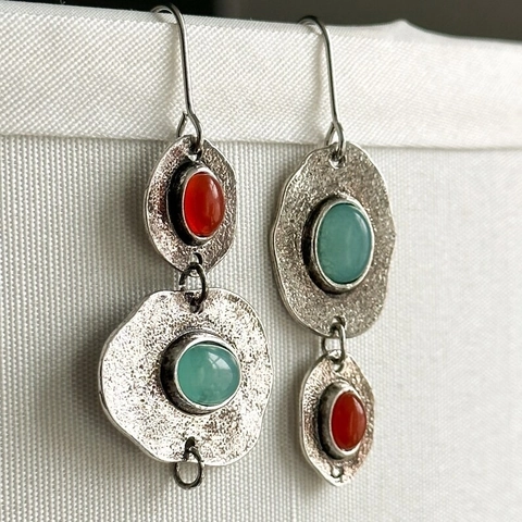 Pendientes Colgantes Asimétricos Retro Aleación Metal Martillado Incrustaciones Turquesa Coral Estilo Bohemio Mujeres