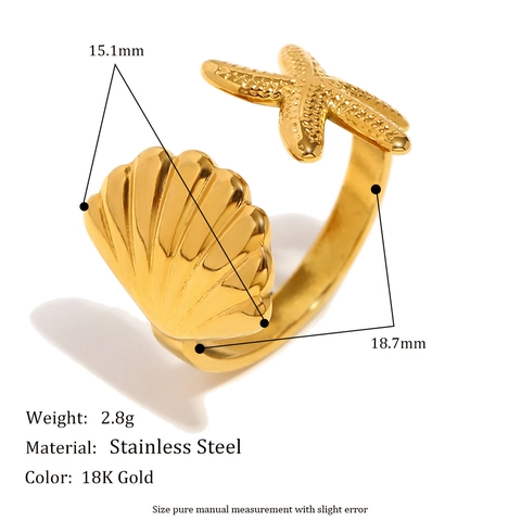 Starfish Shell Open Ring 18K Gold Plated Stainless Steel Adjustable Ocean Beach Chic Jewelry For Women