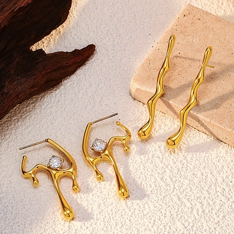 Boucles D'oreilles Molten Metal Liquid Lava En Acier Inoxydable Plaqué Or 18K Avec Zircon Géométrique Irrégulier Pour Femmes