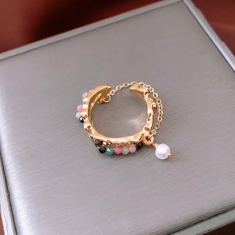 Anillo Abierto Vintage Bañado Oro 18K Cobre Perla Artificial Agua Dulce Piedras Colores Onda Irregular Joyería Ajustable Mujer