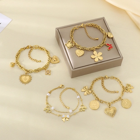 Gold Plated Stainless Steel Charm Bracelet For Women Fashion Heart Butterfly Flower Pendant Adjustable Jewelry