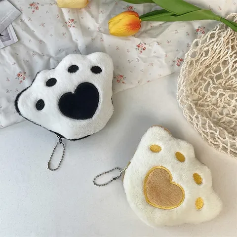 Plush Cat Paw Coin Purse Heart Embroidery Earphone Storage Bag Keychain Pendant Cartoon Style