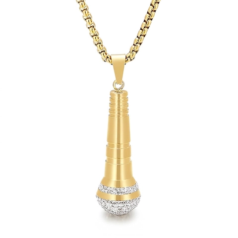 Collar Con Colgante De Micrófono Acero Inoxidable Oro De 18K Circonita Strass Joyas Hip Hop Rap Para Hombres
