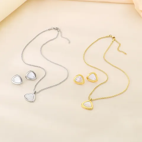 Collana E Orecchini In Acciaio Inossidabile Triangolo Conchiglia Bianca Strass Catena A Fune Accessorio Moda Donna