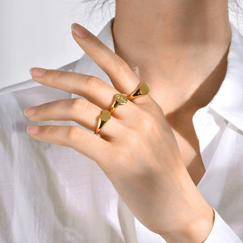 Stainless Steel Signet Ring Gold Plated High Polished Geometric Round Oval Heart Shape Plain Band Jewelry For Women Men