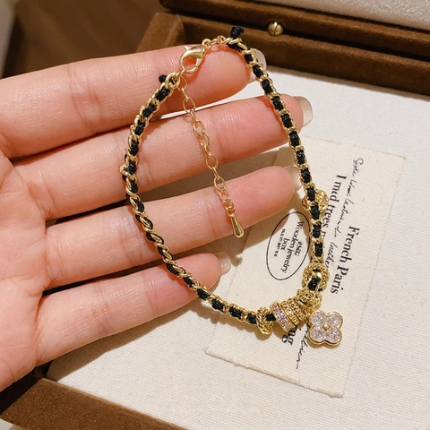 Bracciale Pendente Quadrifoglio Rame Zircone Ecopelle Catena Intrecciata Regolabile Lusso Per Donne