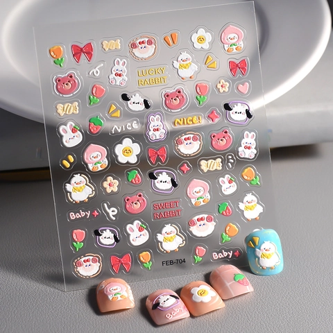 Stickers Ongles Relief 5D Graffitis Dessins Animés Mignons Autocollants 3D Étanche Décoration Manucure DIY Lapin Ours
