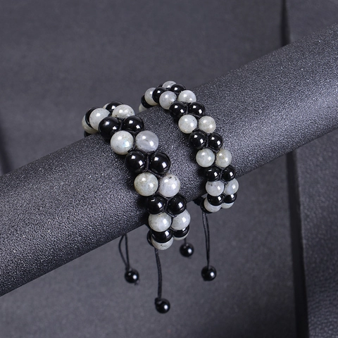 Double Layer Natural Stone Beaded Bracelet Moonstone Labradorite Obsidian Adjustable Hand Braided Woven Jewelry For Unisex