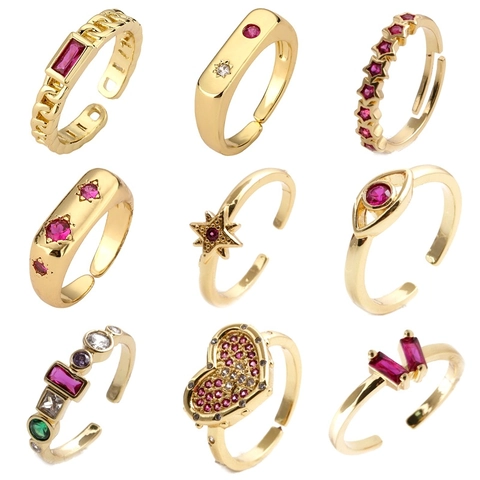 Anillo Abierto Ajustable de Cobre Chapado en Oro Geométrico Estrella Corazón Ojo para Mujer Incrustaciones de Strass Joyería