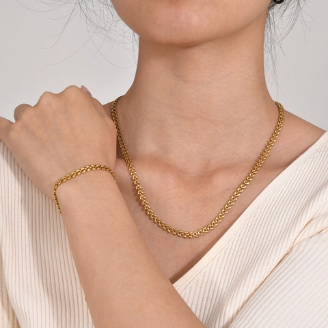 Minimalist Wheat Chain Necklace And Bracelet Jewelry Stainless Steel 18K Gold Plated Vintage Simple Ins Style For Women