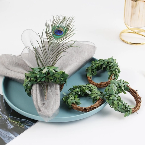 Napkin Rings Artificial Green Leaves Natural Rattan Vine Handmade Rustic Farmhouse Table Decoration For Dining Wedding