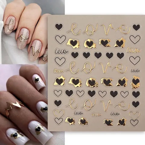 5D Relief Nagelaufkleber Herz Liebe Muster Gold Schwarz Bronzierung DIY Maniküre Dekoration Wasserdicht Französischer Stil