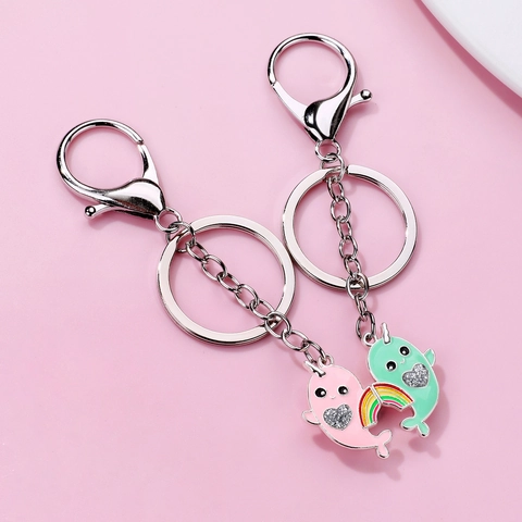 Narwhal Magnetic Keychains Alloy Enamel Rainbow Glitter Heart Cartoon Pendant Cute Gift For Kids Friends Besties
