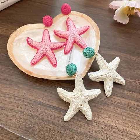 Boucles D'oreilles Étoile De Mer Tissées À La Main En Raphia Style Bohème Pour Femme Pour Les Vacances À La Plage