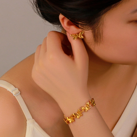Gioielli A Farfalla Vintage In Acciaio Inossidabile Placcato Oro 18K Bracciale A Farfalla Elegante Minimalista E Orecchini Donna