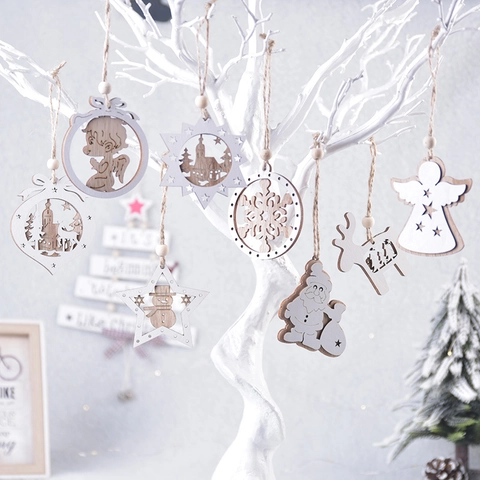 Christmas Wooden Hanging Ornaments Hollow Out Laser Cut Reindeer Angel Santa Claus Holiday Tree Decor DIY Wood Crafts