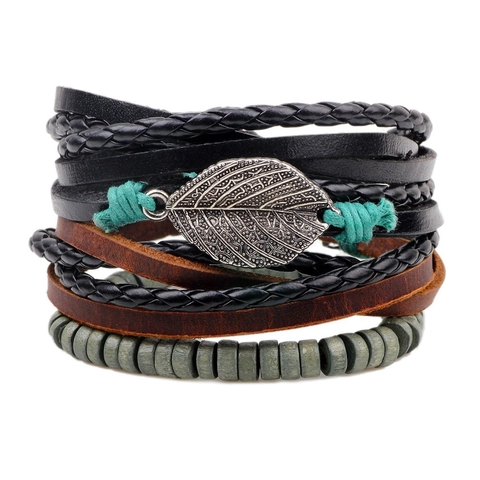 Retro Gelaagde Gevlochten Leren Armband Met Legering Blad Hanger En Houten Kralen Boheems Etnisch Mannen Vrouwen Sieraden