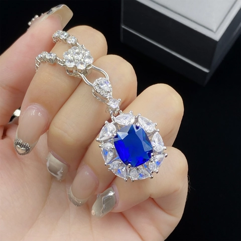 Exquisite Copper London Blue Simulated Sapphire Jewelry Set For Women Square Pendant Necklace Adjustable Open Ring Rhinestone Floral Earrings