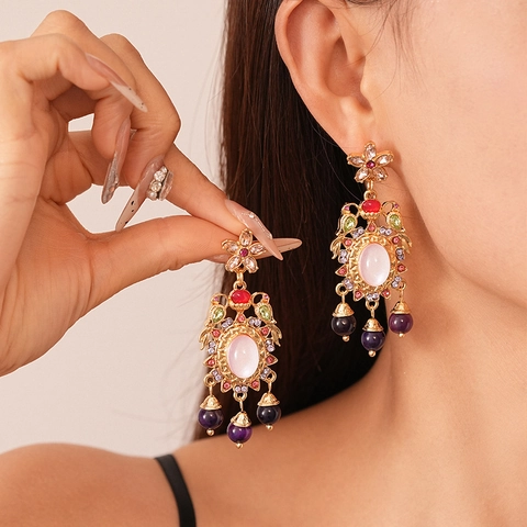 Vintage Blumen Quasten Ohrringe Mit Silver Earring Post Bunte Strass Harz Stein Französisch Hof Stil Schmuck Für Frauen