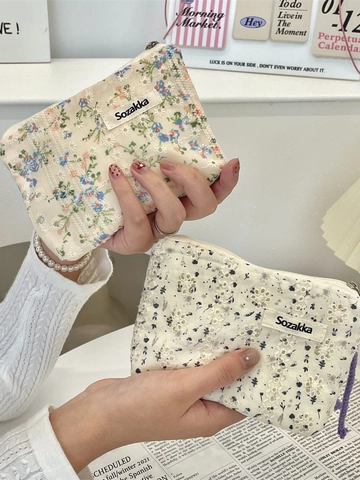 Mini Floral Fabric Makeup Bag Portable Cotton Embroidery Zipper Pouch With Lanyard Fresh Small Coin Purse For Women