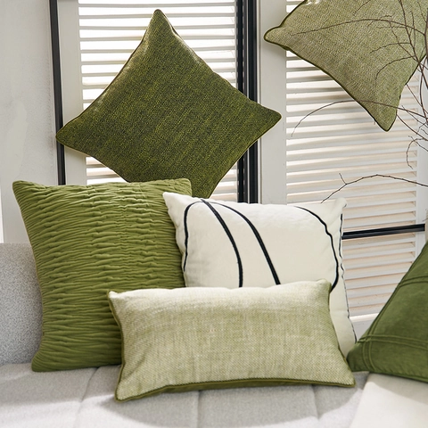 Nordic Style Decorative Pillow Covers Solid Green Off-White Pleated Grid Quilted Embroidery Cushion For Sofa Couch Home