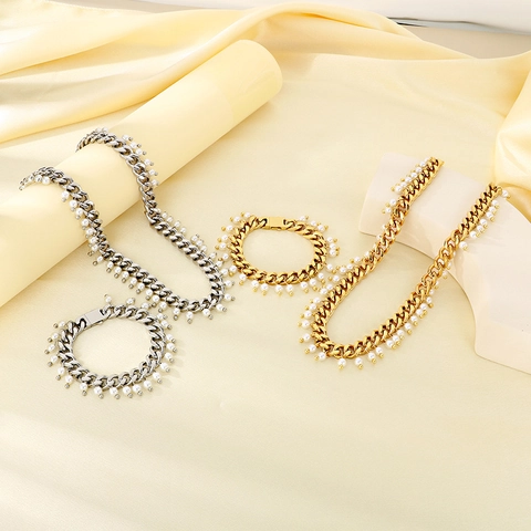 Collana E Bracciale A Maglia Cubana In Acciaio Inossidabile Con Pendenti In Künstliche Perle Simulate Gioielli Moda Donne
