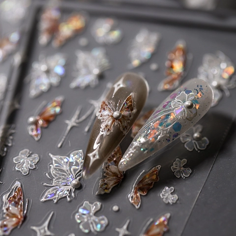 3D Laser Butterfly Nail Art Stickers Holographic Relief Star Artificial Pearl Adhesive Decals Retro Luxury Manicure Decoration