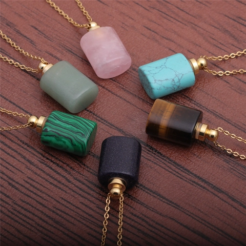 Natural Gemstone Perfume Bottle Pendant Necklace Essential Oil Diffuser Stainless Steel Chain Vintage Bohemian Jewelry Women