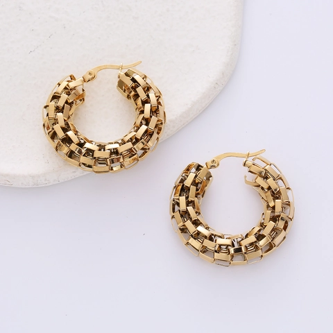 Round Hoop Earrings 18K Gold Plated 316L Stainless Steel Woven Mesh Snake Skin Pattern Fashion For Women