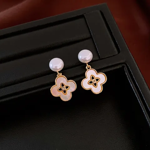 Elegante Blumen Kleeblatt Ohrhänger Mit Silber Ohrstecker 18K Vergoldet Perlmutt Künstliche Perlenimitat Zirkonia