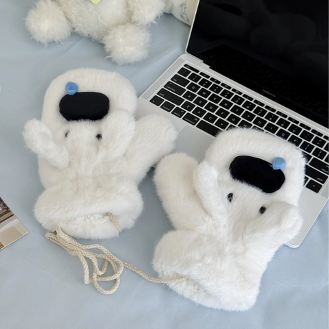 Guanti In Peluche A Forma Di Cucciolo Per Donna Muffole Invernali Calde Ispessite Con Corda Da Appendere Ecopelliccia Termica