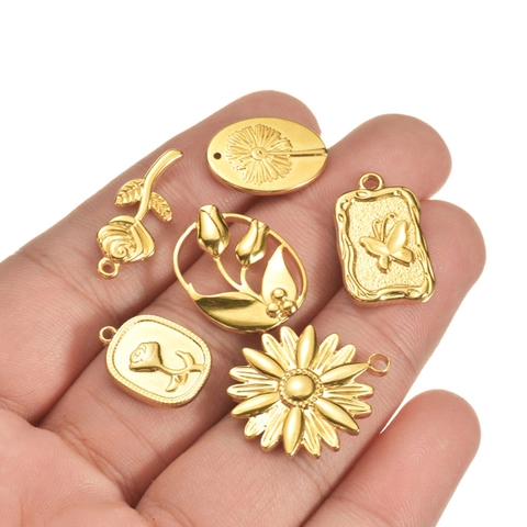 Stainless Steel Flower Charms DIY Jewelry Making Pendants Rose Sunflower Tulip Leaf For Necklace Bracelet Crafts