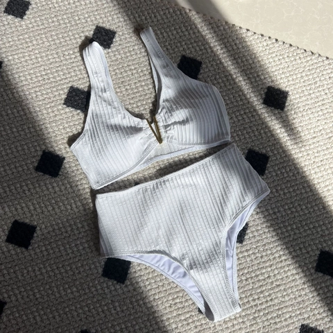 Women Bikini Top And Bottom Ribbed High Waist Solid Color V Metal Decoration Sexy Beach Swimsuit Summer Swimwear