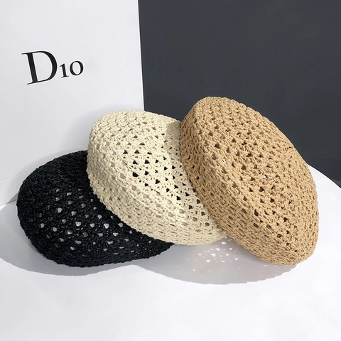 Women Summer Hollow Out Straw Woven Beret Hat Breathable Japanese Style Solid Color Lightweight Painter Cap