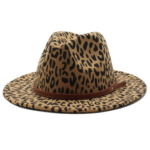 Leopard Print Fedora Hat Wool Felt Wide Flat Brim Vintage Jazz Style Belt Buckle Unisex Women Men Travel Accessory