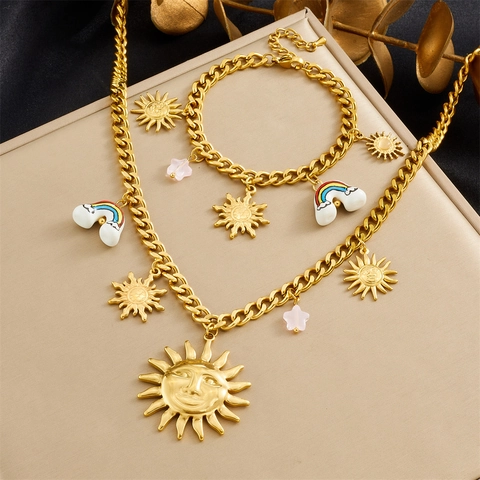 Collana E Bracciale Gioielli Con Pendente Viso Di Sole E Arcobaleno Acciaio Inossidabile Placcato Oro Smalto Per Donna