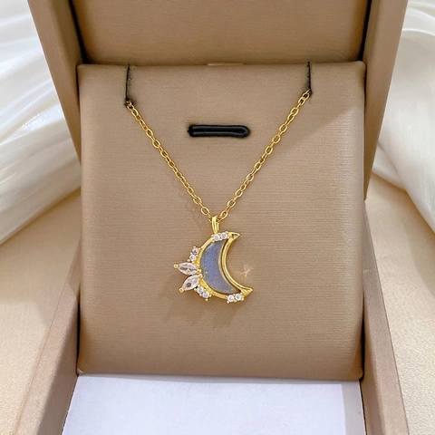 Collana Con Pendente A Luna Catena In Acciaio Inossidabile Rame Micro Intarsiato Zircone Opale Sintetico Gioielli Eleganti