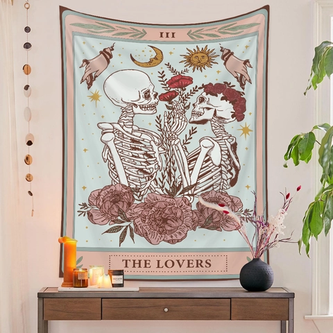 Tarot Tapestry The Lovers Wall Hanging Polyester Skull Rose Flower Sun Moon Gothic Bohemian Room Decor Aesthetic