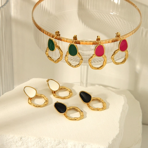 Orecchini A Goccia Geometrici Cavi Bohemien Acciaio Inossidabile Placcato Oro 18K Smalto Bottone Goccia D'acqua Moda