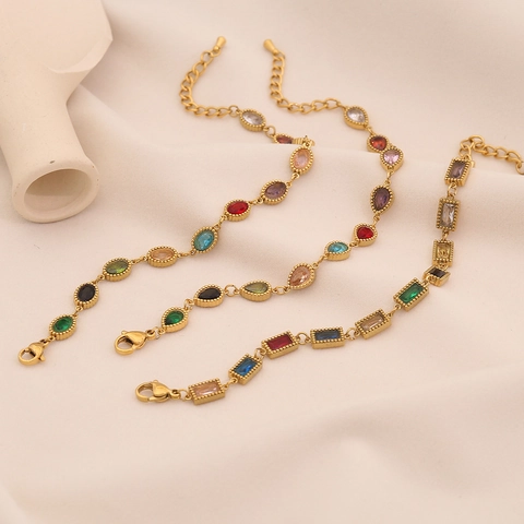 Colorful Gemstone Bracelet Gold Plated Stainless Steel Adjustable Chain Exotic Elegant Jewelry For Women