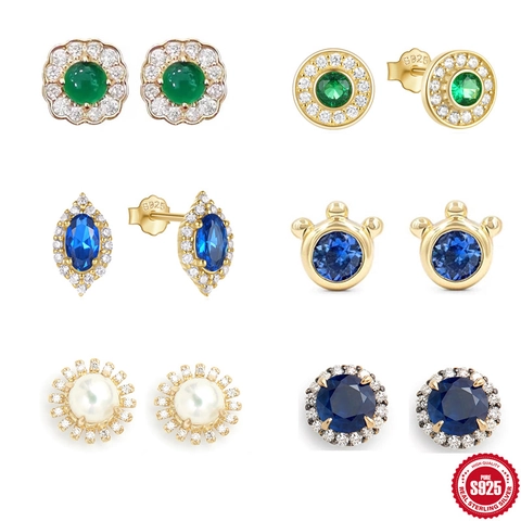 Vintage S925 Sterling Silver Stud Earrings For Women Emerald Green Blue Zirconia Inlaid Gold Silver Jewelry Halo Round Earrings
