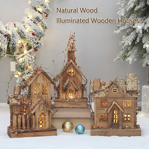 Kerst Houten Huis Verlichte Hut Pailletten Glitter Kerkmodel Desktop Decoratie Warme LED Vintage Ornament