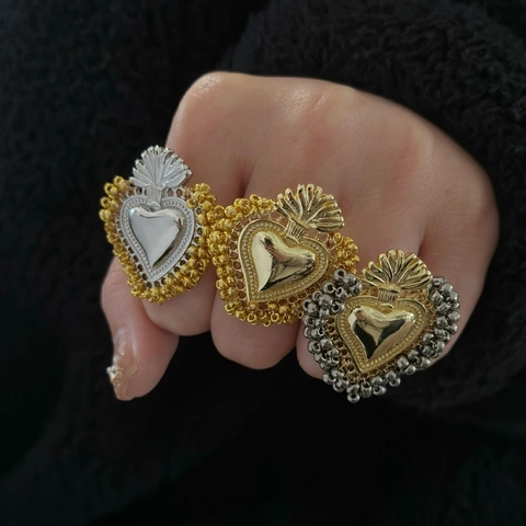Bague en Cuivre Sacré-Cœur Vintage pour Femmes Style Ins Fait à la Main Bague Cœur Or Argent Plaqué Bijoux Religieux