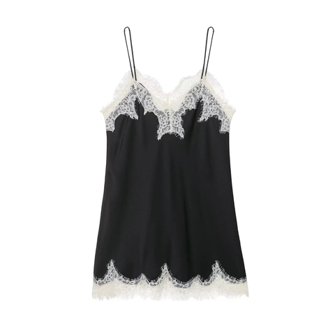 Schwarzes Satin Mini Kleid Mit Kontrastierendem Weißem Wimpern Spitze Besatz Spaghettiträger V-Ausschnitt Schmale Passform