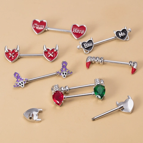 Anneaux De Mamelon Acier Inoxydable Zircon Bijoux De Piercing Corporel Coeur Diable Fantôme Corne Impression De Lettres