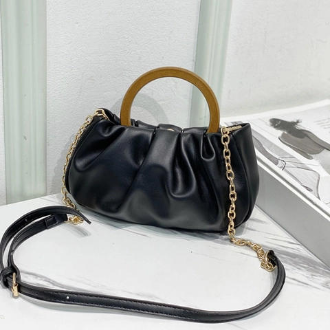 Bolso Nube Fruncido Para Mujer De Cuero PU Con Asa Redonda De Madera Y Cadena Bolso De Hombro Elegante